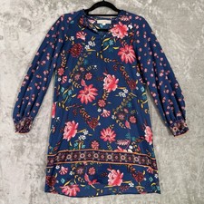 Loft Navy Blue Floral Long Sleeve Knee Length Shift Dress Size XS Boho Peasant