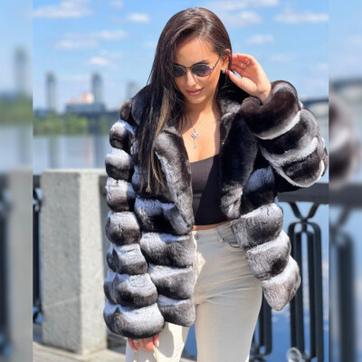 Fashion Women Short Coat Real Chinchilla Rex Rabbit Fur Jacket