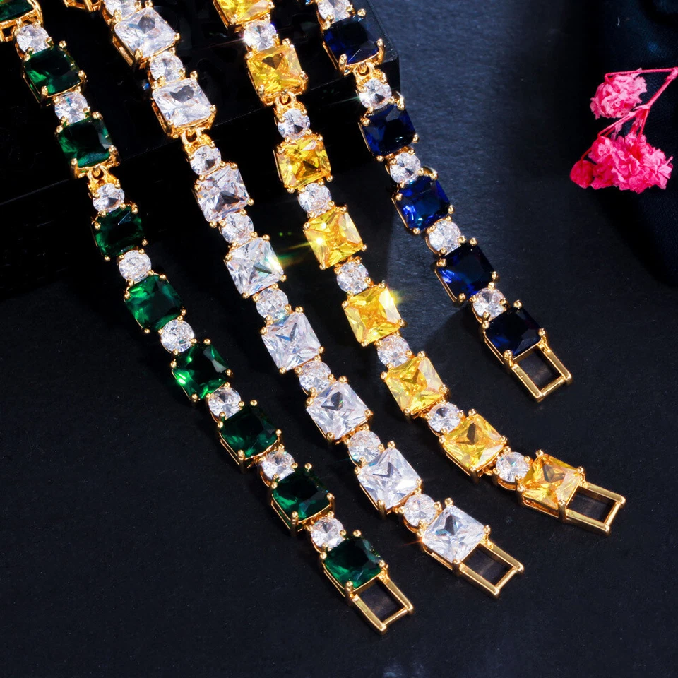 New Mix Color Square Ocean Blue White Topaz Gems Charm Women Bracelets Gold - Image 4 of 4