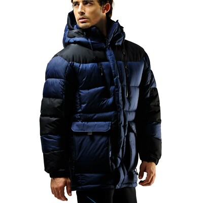 FUERZA Mens Winter Down Wellon Outerwear Padded Jacket Hooded Parka Navy/Black S