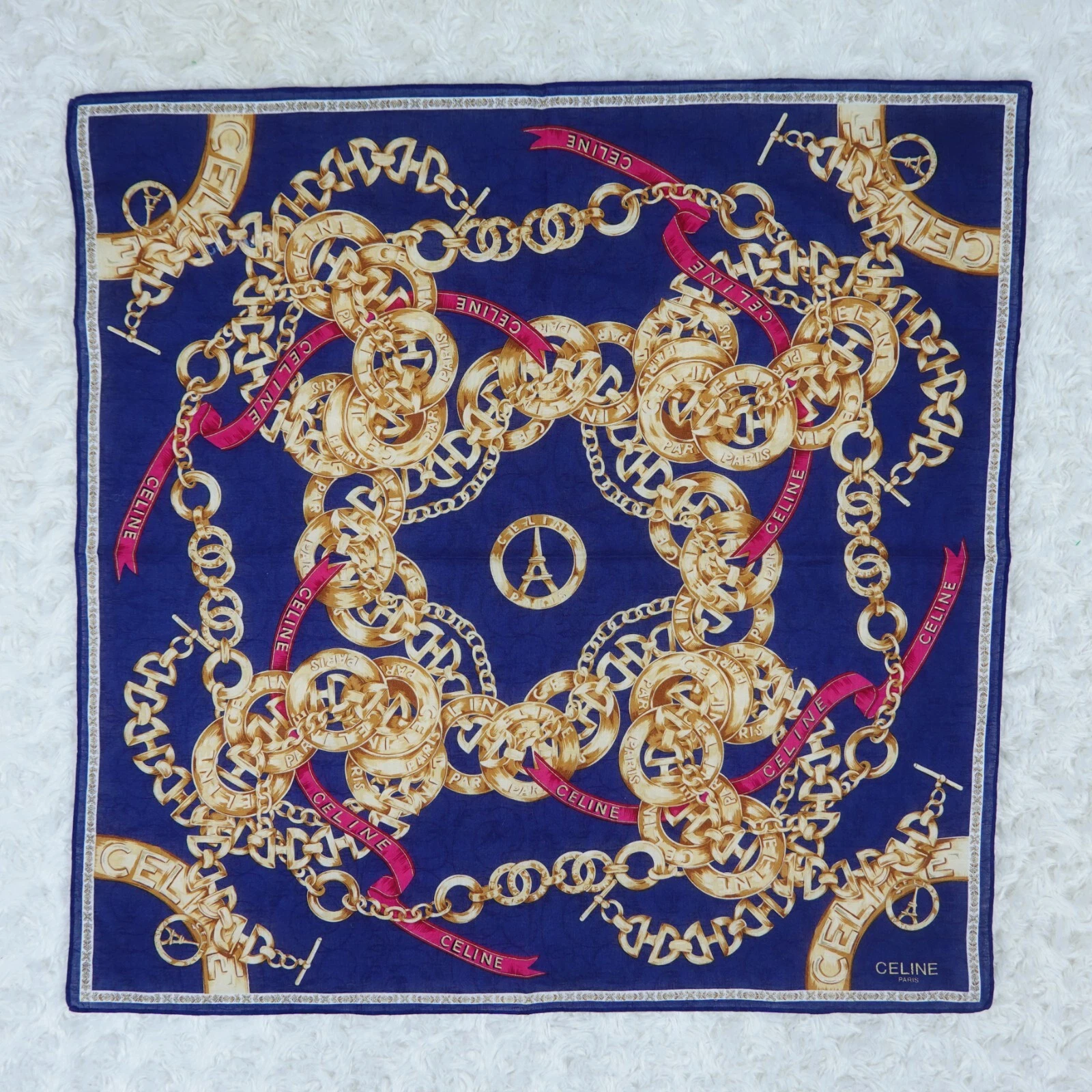 Sciarpa sciarpa cotone catena oro blu N470 CELINE tasca quadrata 20" x 20 5"