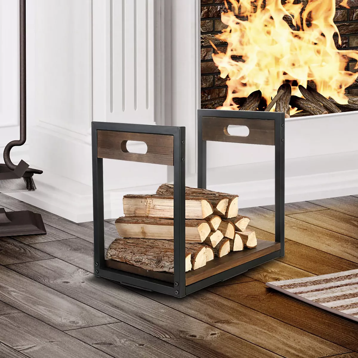 Contemporary Fireplace Freestanding Black Firewood Log Holder, Log