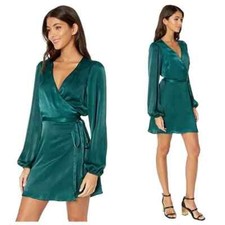 Show Me Your Mumu Nola Satin Dark Green Long Sleeve Wrap Dress XS