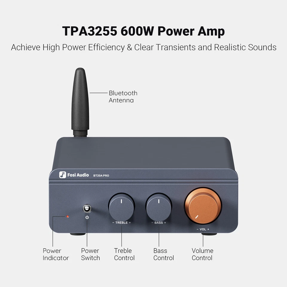 Fosi Audio BT20A PRO Amplifiers TPA3255 Bluetooth 5.0 2 Channel Class D Hi-Fi US - Image 2 of 4
