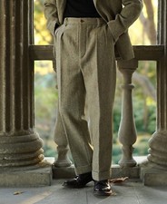 1930s Tweed Casual Suit Beige Trousers Size L ANNUAL RING OLDERBEST 34x28 Wool