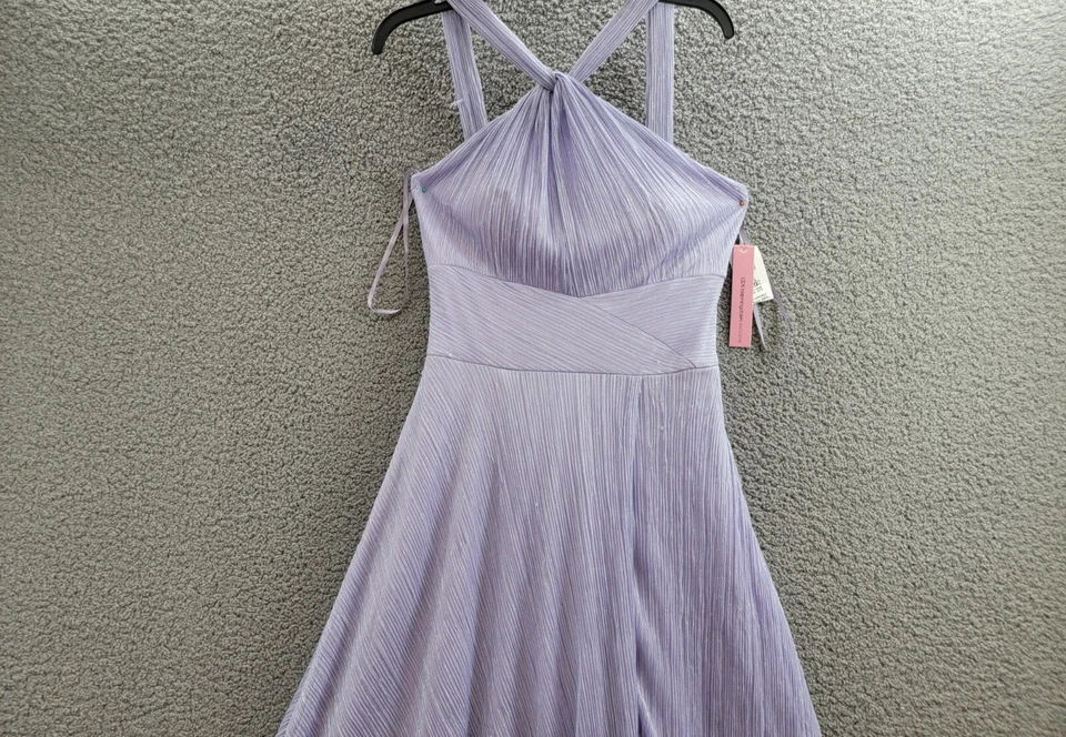 Vestido AQUA Metálico Arrugado Para Mujer 6 Lavanda Torcido Halter Cuello Espalda Cierre con Cremallera Foto 3 de 4