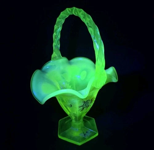 Fenton Honor Collection Topaz Basket  Painted Signed M Nutter Uranium Glow Glass