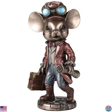 Steampunk Traveler Mouse Figurine Cold Cast Resin Bronze Finish Home Decor
