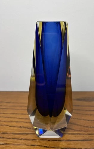 Murano Art Glass - Flavio Poli Sequso Sommerso - Blue & Yellow Faceted - Vase