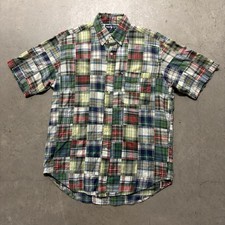 Vintage 80s Ralph Lauren Polo Patchwork Plaid Madras Button Shirt M Green Preppy