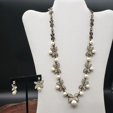 Vintage-Style Rhinestone  Faux Pearl Necklace Earring Set Antiqued Silver Tone