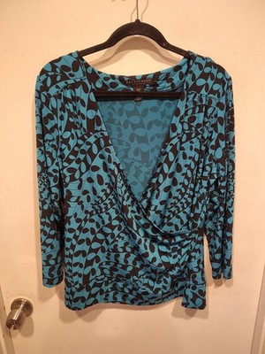 Apostrophe Stretch Women's Dark Print Faux Wrap Career Top Sz XL Casual Y2K