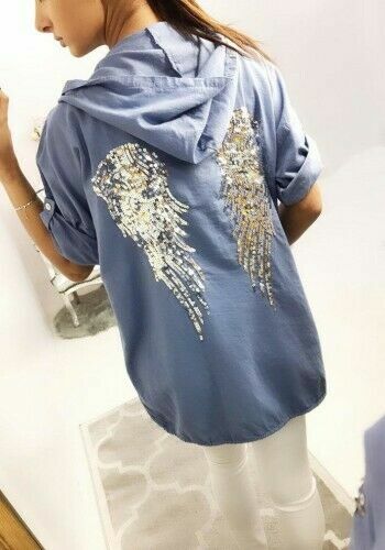 New Ladies Sequin Angel Wings Back Over-sized Hoodie Women Jacket
