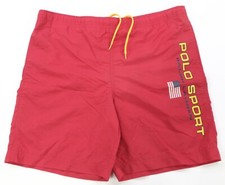 Rare VTG POLO SPORT Ralph Lauren Spell Out USA Flag Swimming Trunks 90s Red SZ M