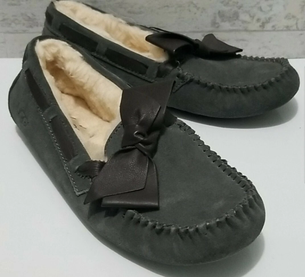 UGG Dakota Suede Gray Slippers Moccasins with Leather Bows Women's Size 6