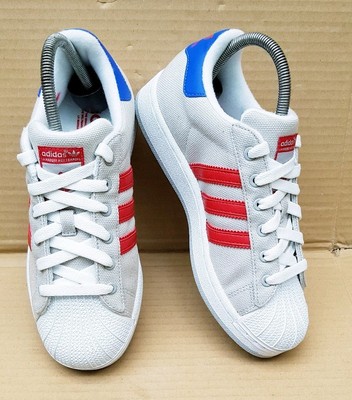 adidas superstar white red and blue stripe trainers