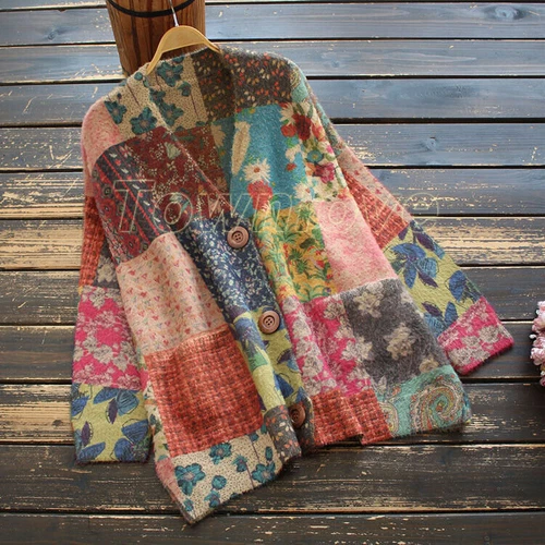 Damen-Cardigan Pastoral-Stil V-Ausschnitt Blumen Patchwork Retro Strickwaren Pullover - Bild 11 von 17