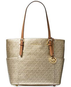 MICHAEL MICHAEL KORS METALLIC SIGNATURE JET SET TRAVEL TOTE IN GOLD/ACORN NWT 192877133636 | eBay