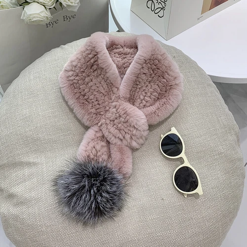 Real Rex Rabbit Fur Scarf Winter Warm Neckerchief Fox Fur Pom pom Fluffy Soft - Picture 13 of 24
