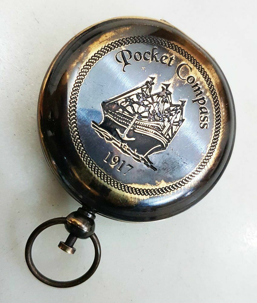 Brass Handmade Ship Engraved Pocket Compass Push Button Solid Gift Decor Item