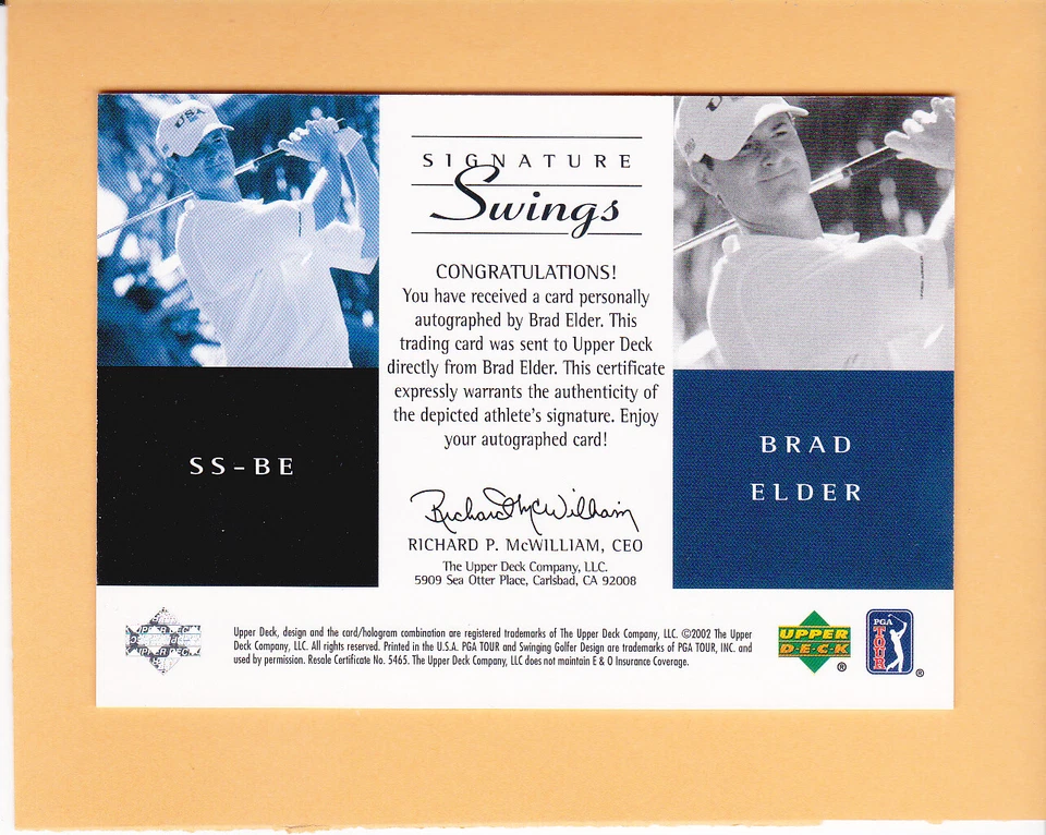 BRAD ELDER #SS-BE 2002 SP GAME USED SIGNATURE SWINGS AUTOGRAPH AUTO PGA TOUR  A1 - Image 2 of 2