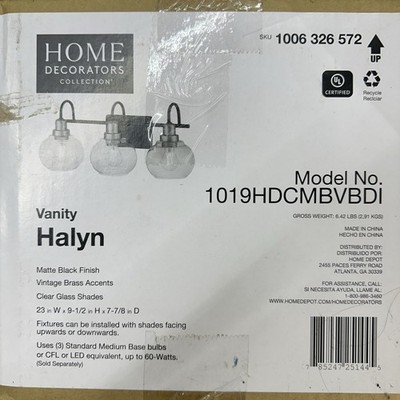 HDC 1019HDCMBVBDI Halyn 23'' 3-Light Matte Black/Brass Vanity Light with Glass Sh