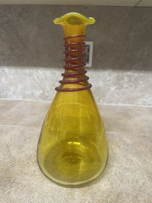 Blenko 6838 Decanter Base Lemon Yellow Ruby Red Coil Joel Myers