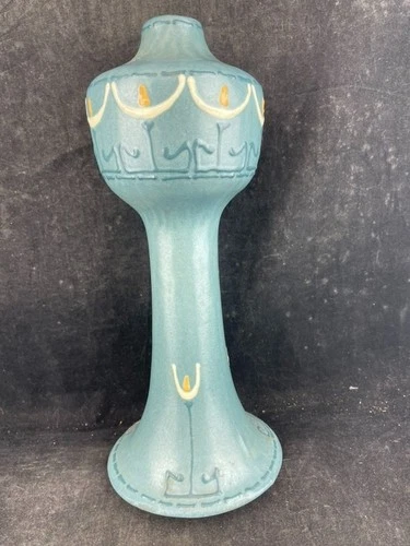 Roseville Aztec 1905 Pottery Blue OIL lamp Design Floral Vase 11"