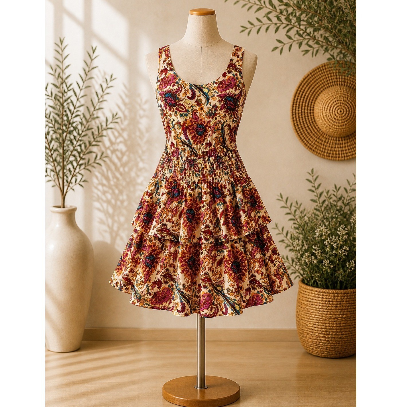 Jessica Simpson Paisley Floral Smocked Tiered Mini Dress Cutout Back Womens XL