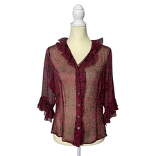 Vintage Tess 100% Silk Sheer Red  Animal Print Button Front Blouse Women Size 12