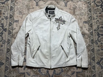 Affliction Limited Edition White Leather Jacket Skull Cross Wings Live Fast XL
