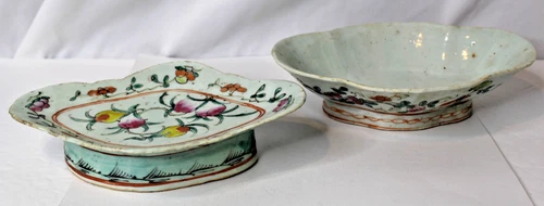 2 Antique Vintage Chinese Diamond Shaped Porcelain Bowls Dishes Floral