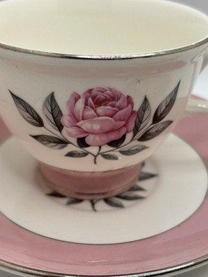 Cunningham & Pickett Norway Rose Tea Cup and Saucer Pink White Silver 