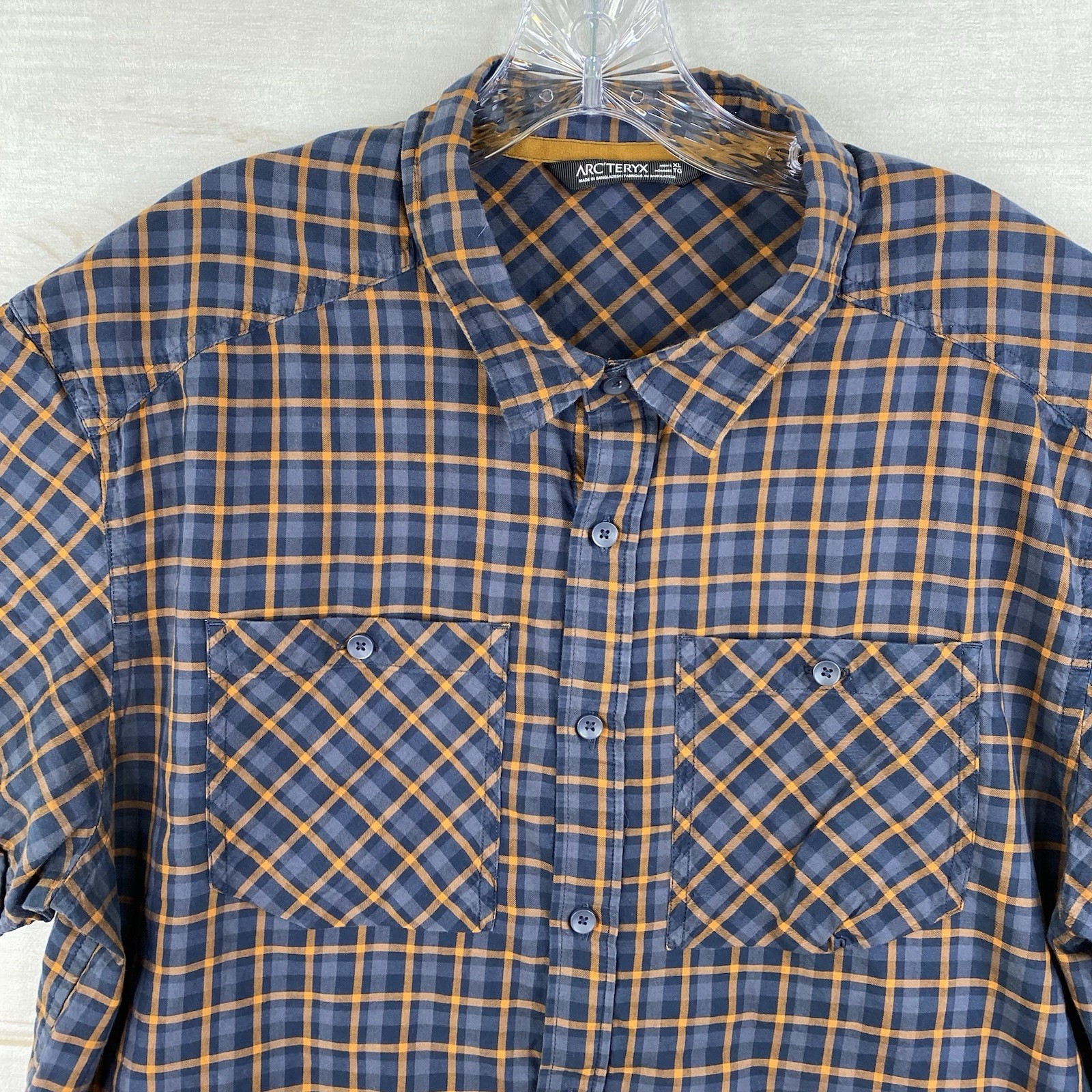 Arc'teryx Camicia Uomo XL Blu Arancione Plaid Bottoni S S Pesca Escursionismo Outdoor