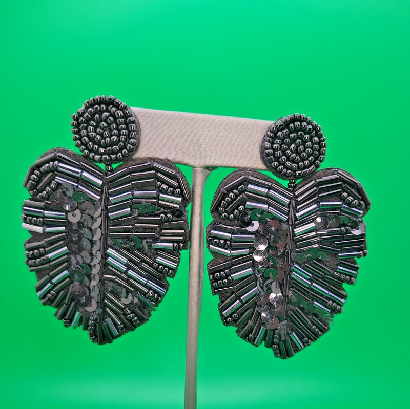 NWOT Black Beaded Banana Leaf Pierced Earrings