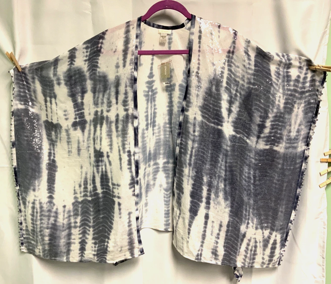 Chico's Women's Dusty Blue and White Sequined Poncho Beaded One Size