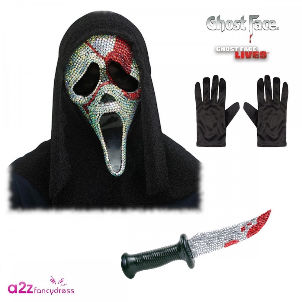 Adult Ghost Face® Bloody Bling Mask + Knife + Gloves Scream Funworld Fancy Dress