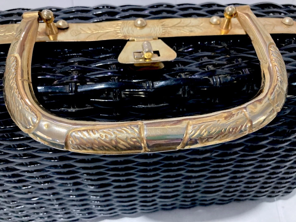 Cartera vintage tejida cesta "Guild Creations" británica Hong Kong mango negro dorado Foto 3 de 4