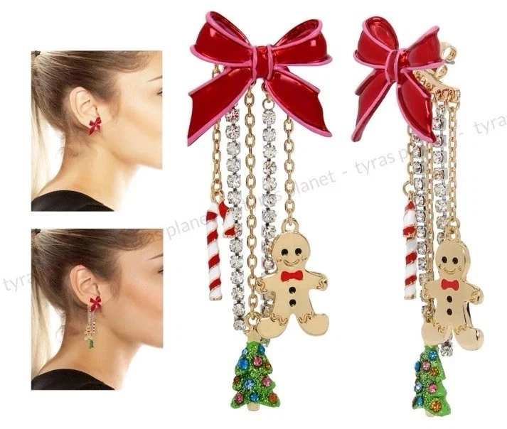 NUEVO CON ETIQUETAS Betsey Johnson Navidad Dije Tono Dorado Piedras Vidrio Tachuelas/Pendientes Colgantes Foto 3 de 4