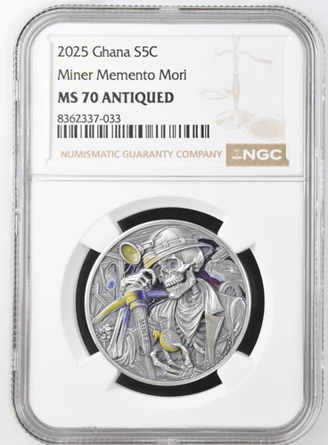 Miner Memento Mori 1 oz Antique finish Silver Coin 5 Cedis Ghana 2025/ MS70 NGC