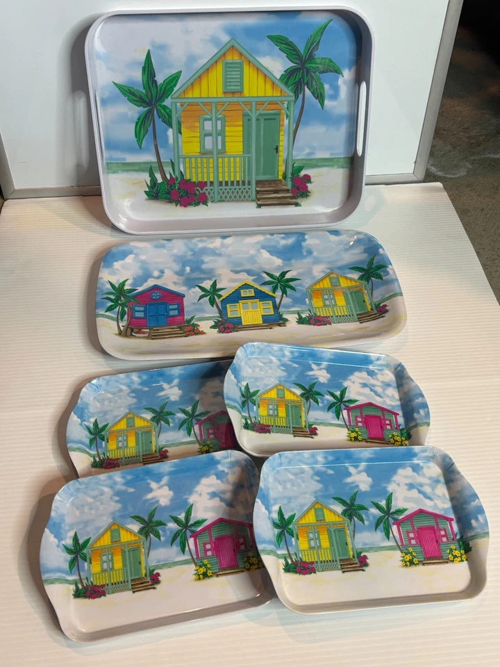 6 Pc Melamine Outdoor Serving Tray Plate Set Tropical Florida Keys Houses Beach - Image 3 of 4