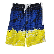 Wave Zone Mens M Blue/Yellow Drawstring Waist Swim Trunks Cargo Pockets Surf