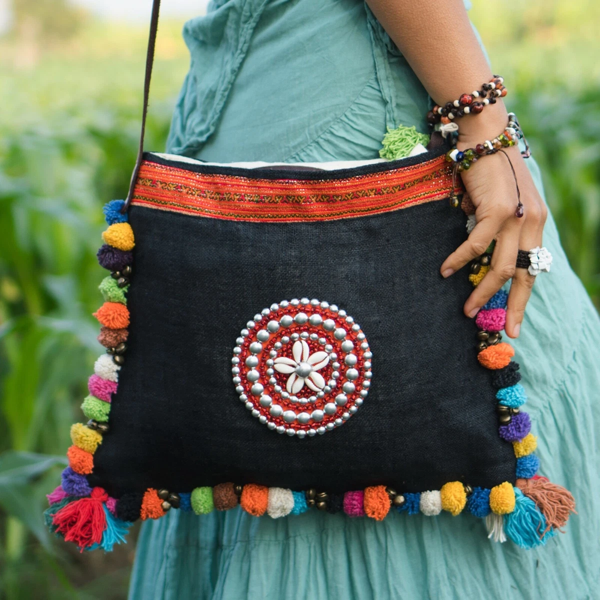 Boho Crossbody Bag with Colorful Pom Pom, Bohemian Cross-over Bag, Hippie  Bag