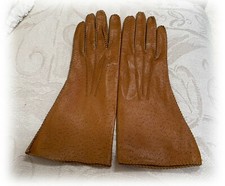 Vtg Cinnamon Brown Leather Over Wrist GLOVES Pin Pricked Design Size 6 1/4