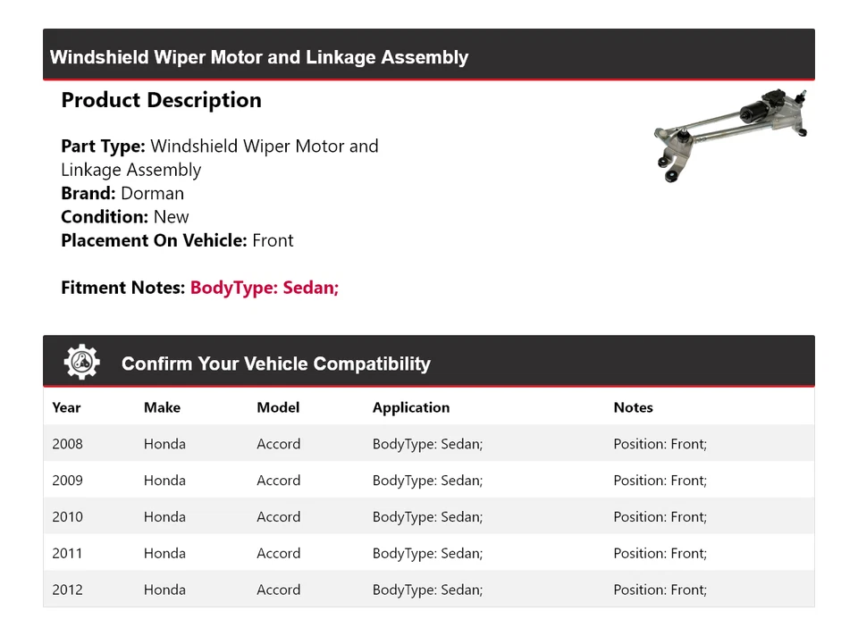 Conjunto de motor limpiaparabrisas y acoplamiento delantero para Honda Accord 2008-2012 sedán Dorman Foto 2 de 4