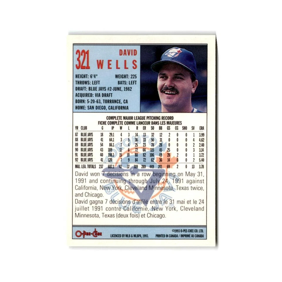 David Wells 1993 O-Pee-Chee #321 Toronto Blue Jays Baseball Card NM - Image 2 of 3
