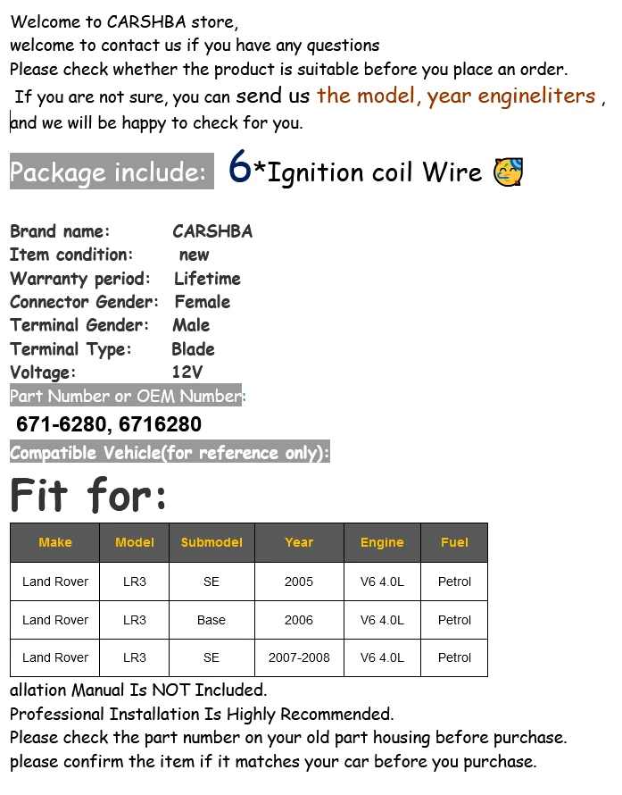 6x Spark Plug Wire Sets for Land Rover LR3 2005 2006 2007 2008 V6 4.0L Base 8mm - Изображение 3 из 4