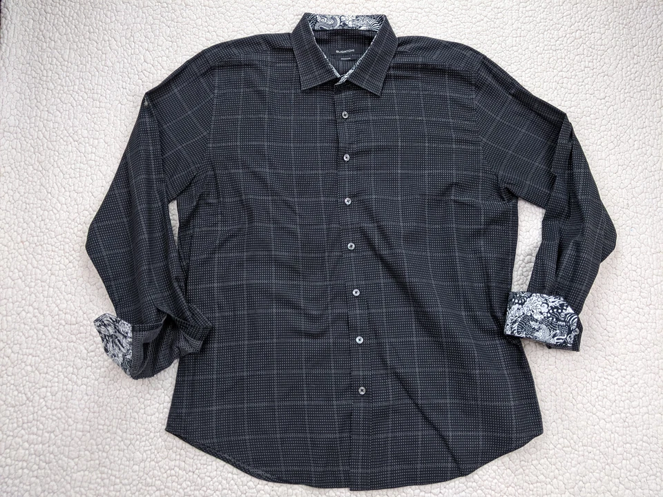 Bugatchi Shaped Fit Men XL 17.5 Black Dragon Flip Cuff Button Shirt Windowpane - Image 3 of 4