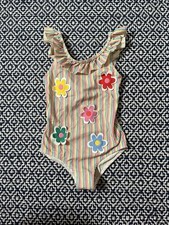 EUC Mini Boden Flower Appliqu  Rainbow Stripe Ruffle One Piece Swimsuit 8/9