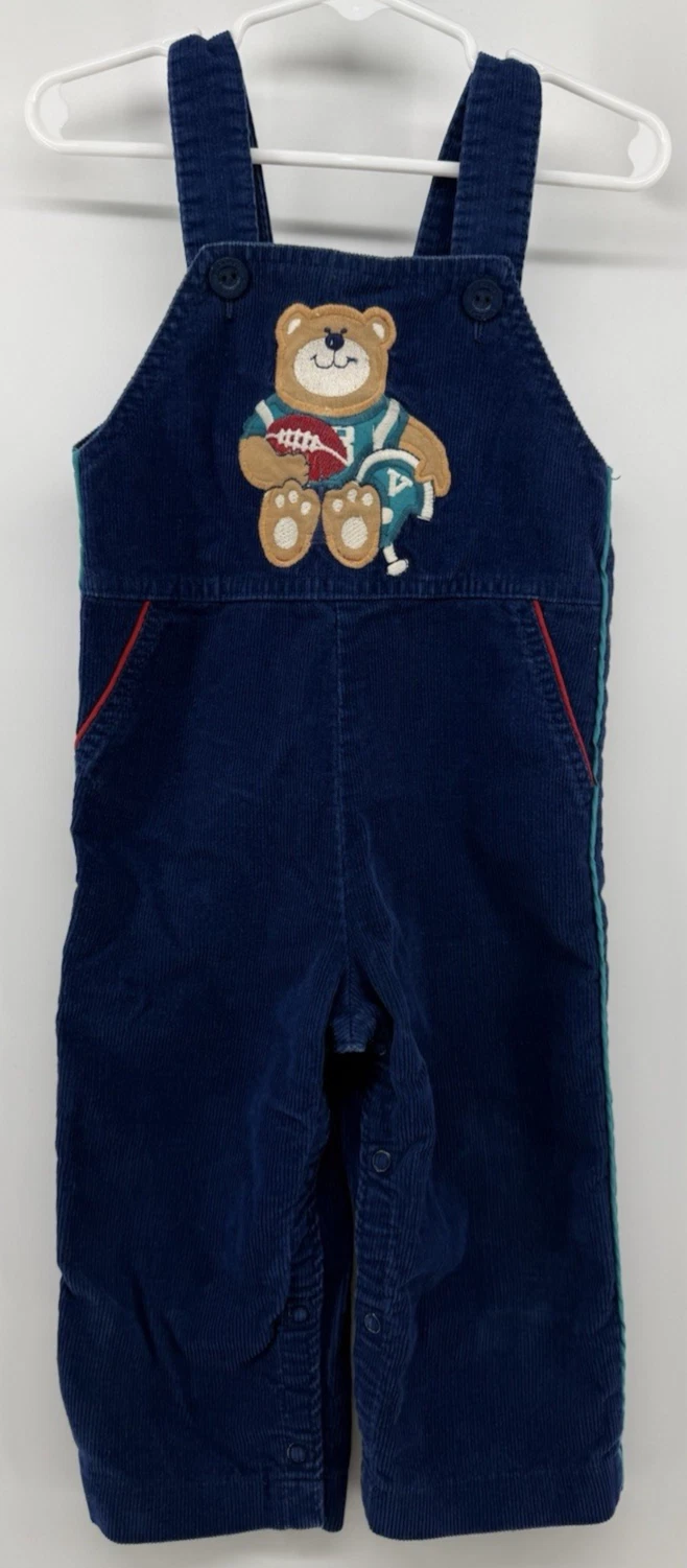 Vintage Carters Toddler 2T Corduroy Overalls Football Bear Blue USA